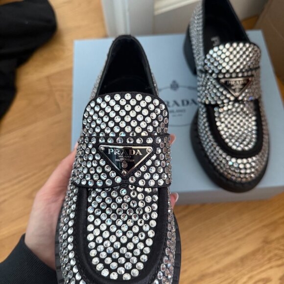 Prada Loafers Black Satin Crystal Embellished Metal Triangle Logo Sz 37 - Picture 6 of 14